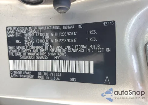 2015 Toyota Sienna из США, поврежденный, VIN 5TDZK3DC7FS688625